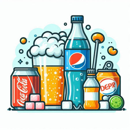 Vector illustration of a set of drinks. Cola, lemonade, beer, soda, ice cubes, soft drinks.のイラスト素材