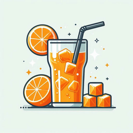 Orange juice with ice cubes and straw. Vector illustration in flat styleのイラスト素材
