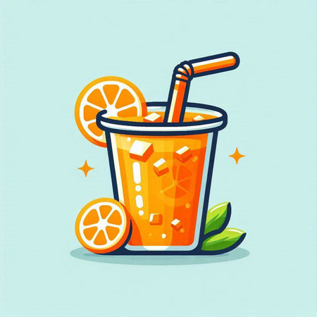 Orange juice with ice and straw. Vector illustration in flat style.のイラスト素材