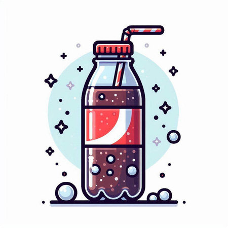 Soda drink in plastic bottle with straw and bubbles. Vector illustration.のイラスト素材