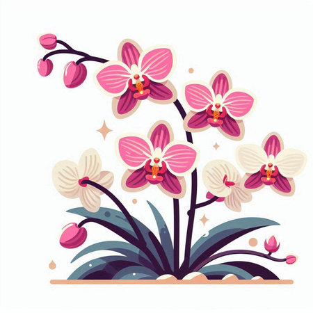 Beautiful blooming orchid flowers. Vector illustration in cartoon style.のイラスト素材