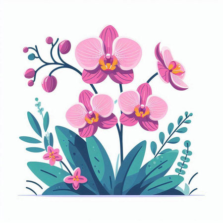 Orchid flower with leaves and branches. Vector illustration in flat style.のイラスト素材