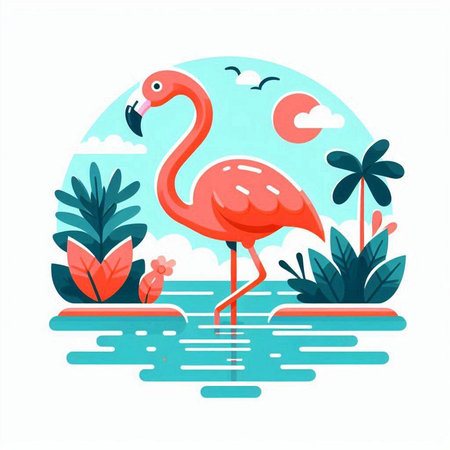 Flamingo in the water. Tropical island with flamingo. Vector illustrationのイラスト素材