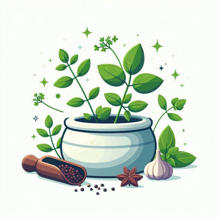 Herbs and spices in a mortar. Vector illustration on white background.のイラスト素材