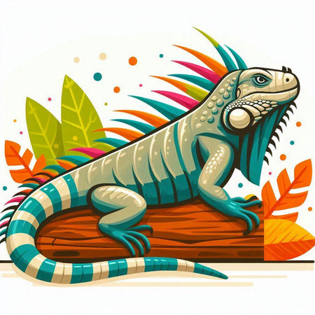 Iguana on a log in the jungle. Vector illustration.のイラスト素材