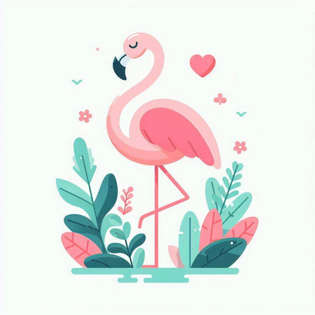 Flamingo vector illustration. Cute flamingo with flowers, leaves and hearts.のイラスト素材