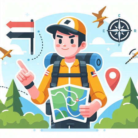 Tourist man with map and compass. Vector illustration in flat styleのイラスト素材