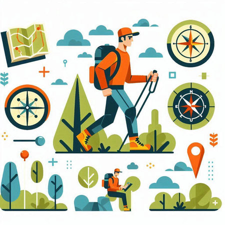 Tourist man with map and compass on nature background. Flat style vector illustration.のイラスト素材