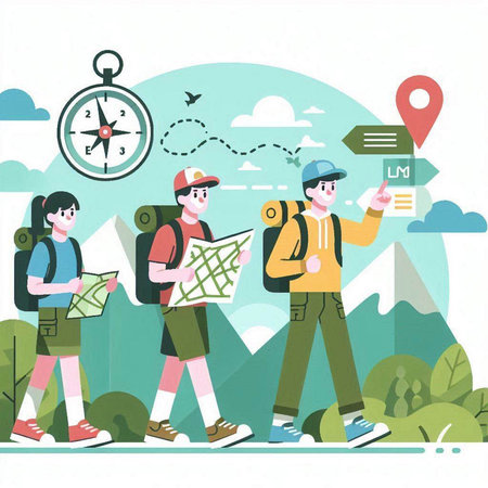 Traveling people with map and compass. Vector illustration in flat styleのイラスト素材