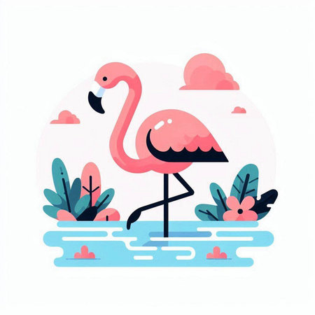 Pink flamingo in the lake. Vector illustration in flat style.のイラスト素材