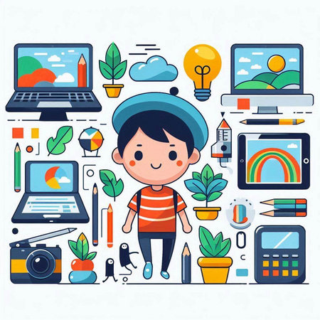 Vector illustration of a little boy in the flat style with icons.のイラスト素材