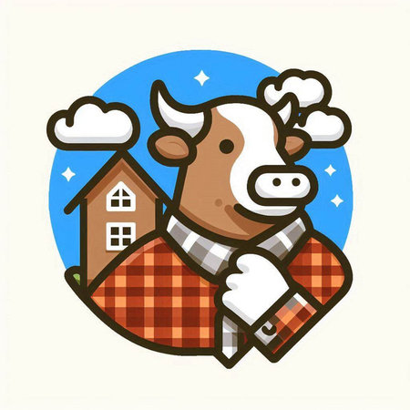Cow in plaid costume with house in the background. Vector illustration.のイラスト素材