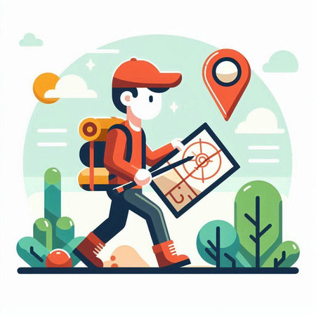 Tourist man with map. Travel and adventure concept. Vector illustrationのイラスト素材