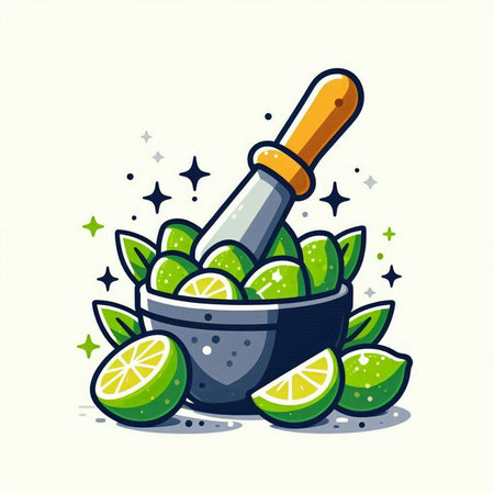 Illustration of lime juice in a bowl with lime slices. Vector illustration.のイラスト素材