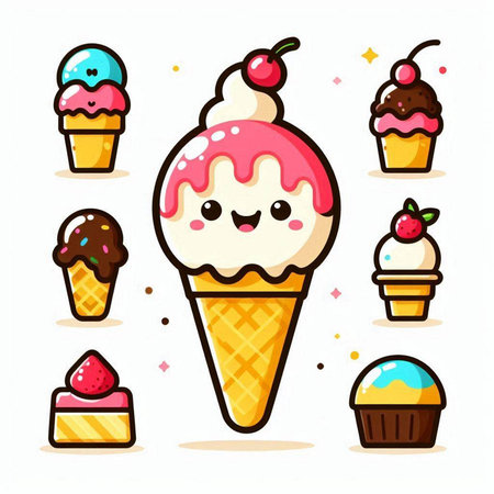 Cute kawaii ice cream character with different flavors. Vector illustration.のイラスト素材