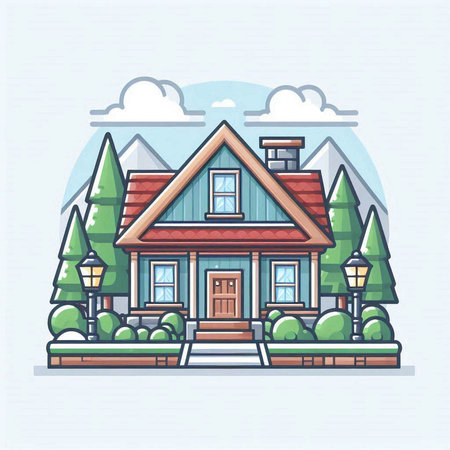 Vector illustration of modern cozy house in the woods. Cartoon style.のイラスト素材