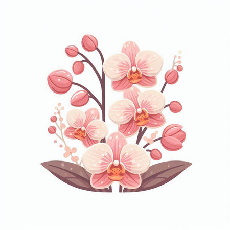 Bouquet of pink orchids with leaves. Vector illustration.のイラスト素材