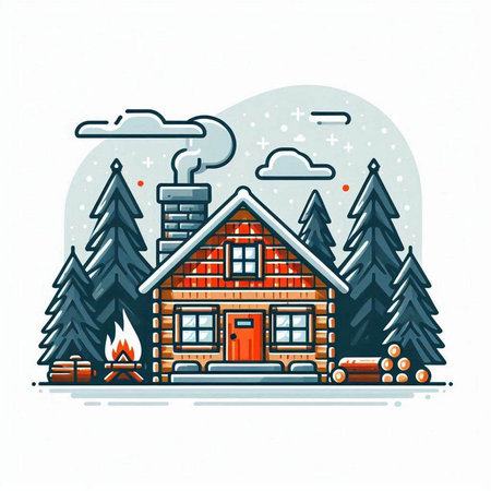 Log cabin with chimney, trees and snowflakes. Vector illustration.のイラスト素材