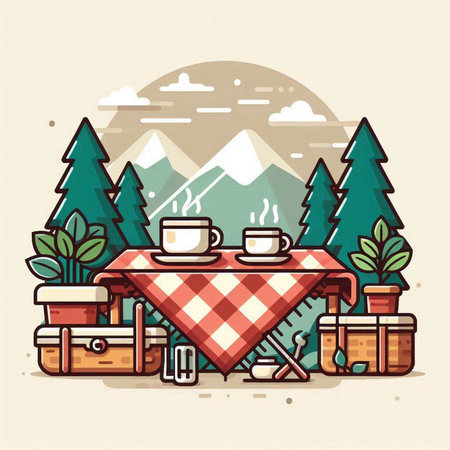 Picnic in the mountains. Vector illustration in flat linear style.のイラスト素材