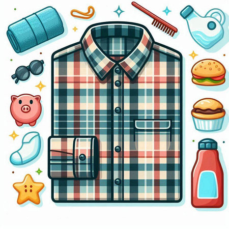 Illustration of a Plaid Shirt and Accessories on a White Backgroundのイラスト素材