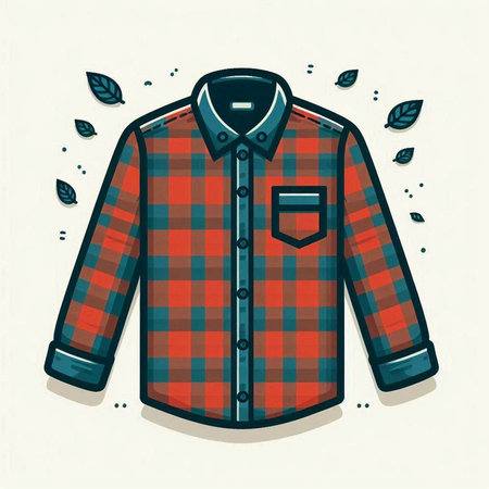 Vector illustration of a shirt with a checkered pattern and leavesのイラスト素材