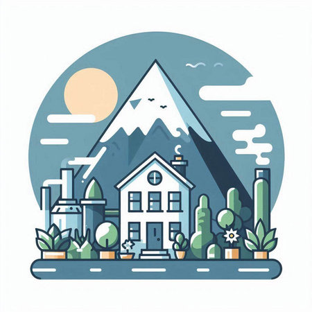Vector illustration of a city landscape with mountains, houses, trees and plants.のイラスト素材