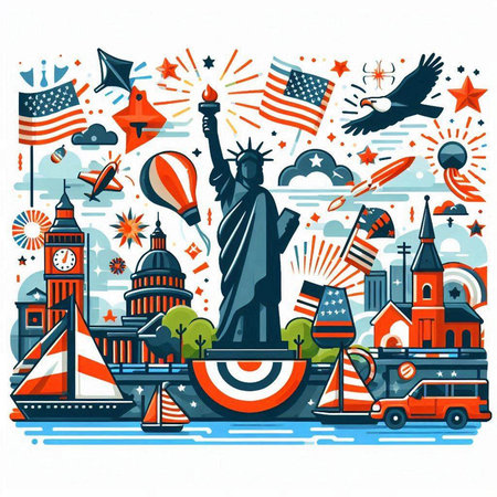 Statue of Liberty and American symbols. Vector illustration in flat styleのイラスト素材