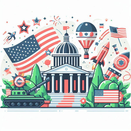 Vector illustration of United States Capitol building with american flags and tanksのイラスト素材