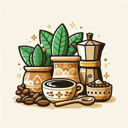 Coffee pot, cup and beans on light background. Vector illustration.のイラスト素材