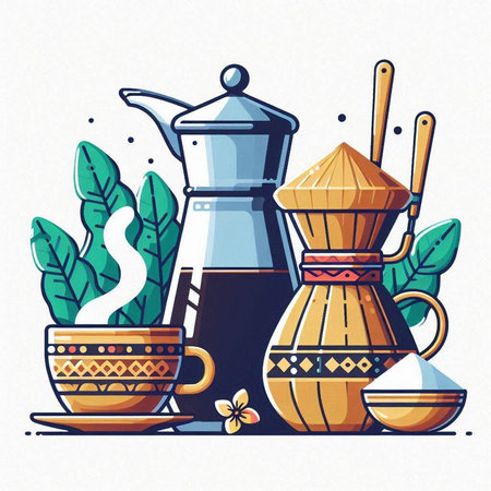 Coffee pot, cups and teapot. Vector illustration.のイラスト素材