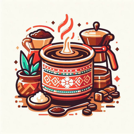Coffee pot and cup of hot drink. Vector illustration.のイラスト素材
