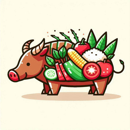 Illustration of a Cute Bull with Vegetables and Herbsのイラスト素材