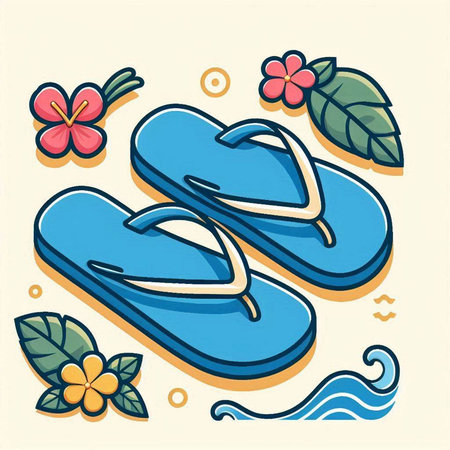 Flip flops with tropical flowers. Vector illustration in flat styleのイラスト素材