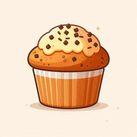 Cupcake with whipped cream and chocolate chips. Vector illustration.のイラスト素材