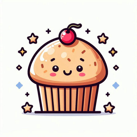 Cute cupcake with cherry. Vector illustration in cartoon style.のイラスト素材