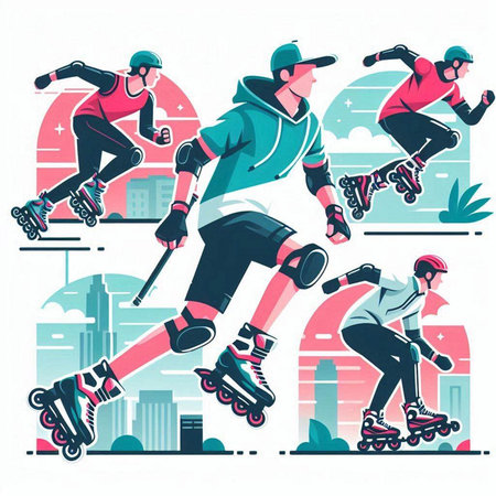 Roller skating in the city. Vector illustration in flat style.のイラスト素材