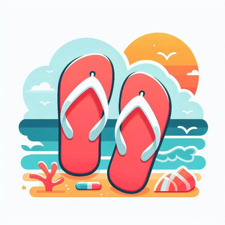 Flip flops on the beach. Vector illustration in flat styleのイラスト素材