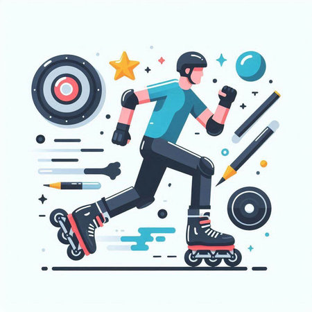 Roller skating flat vector illustration. Cartoon man in sportswear riding on roller skates.のイラスト素材