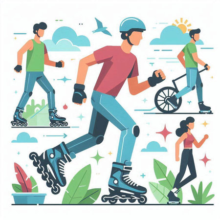 Active people on roller skates. Skateboarder, rollerblading, rollerblading. Flat vector illustration.のイラスト素材