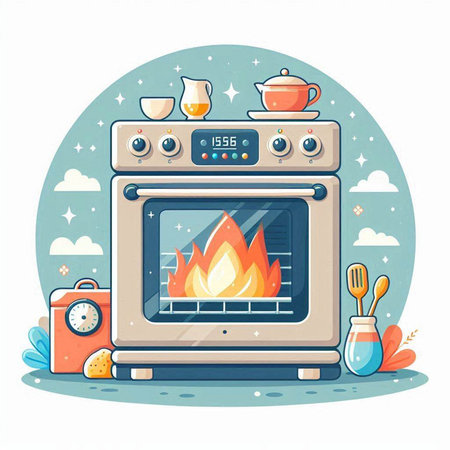 Kitchen stove with gas stove in flat style. Vector illustration.のイラスト素材