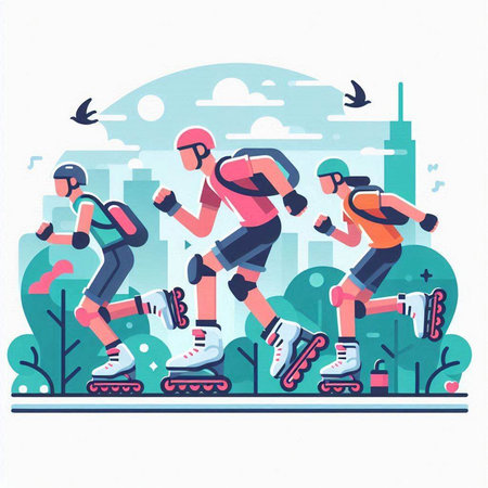 Vector illustration of people rollerblading in the park. Flat styleのイラスト素材