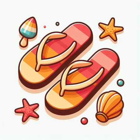 Vector illustration of flip flops and seashells on white backgroundのイラスト素材
