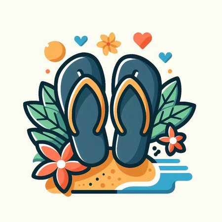 Flip flops and flowers on the sand. Vector illustration.のイラスト素材