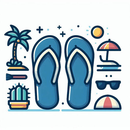 Flip flops and beach icons. Vector illustration in line styleのイラスト素材