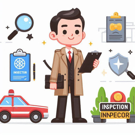 Young man in police uniform holding clipboard and searching for evidence. Vector illustration.のイラスト素材