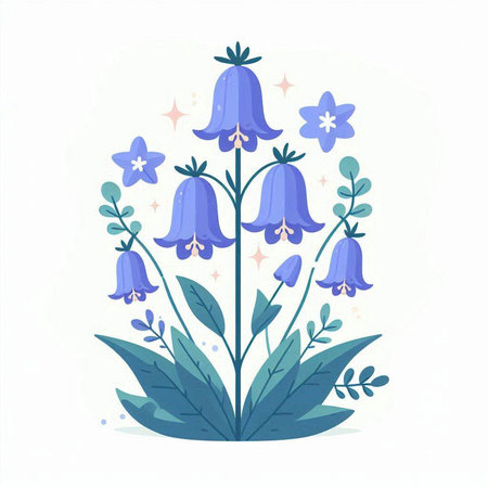 Bluebells with flowers and leaves. Vector illustration in flat style.のイラスト素材
