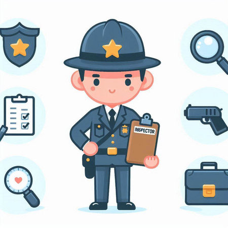Cartoon policeman with police badge and investigation report. Vector illustration.のイラスト素材