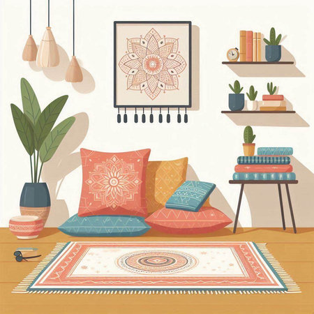 Living room interior design with sofa and pillows. Vector illustration.のイラスト素材