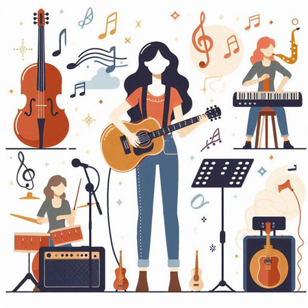 Musical instruments set. Guitarist, violinist, musician, singer, guitarist, musician, musician. Vector illustration.のイラスト素材