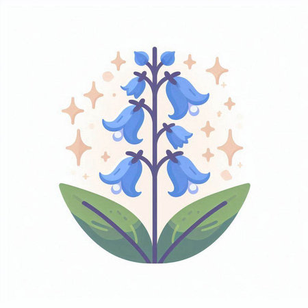 Bluebell flower with leaves and stars. Hand drawn vector illustration.のイラスト素材